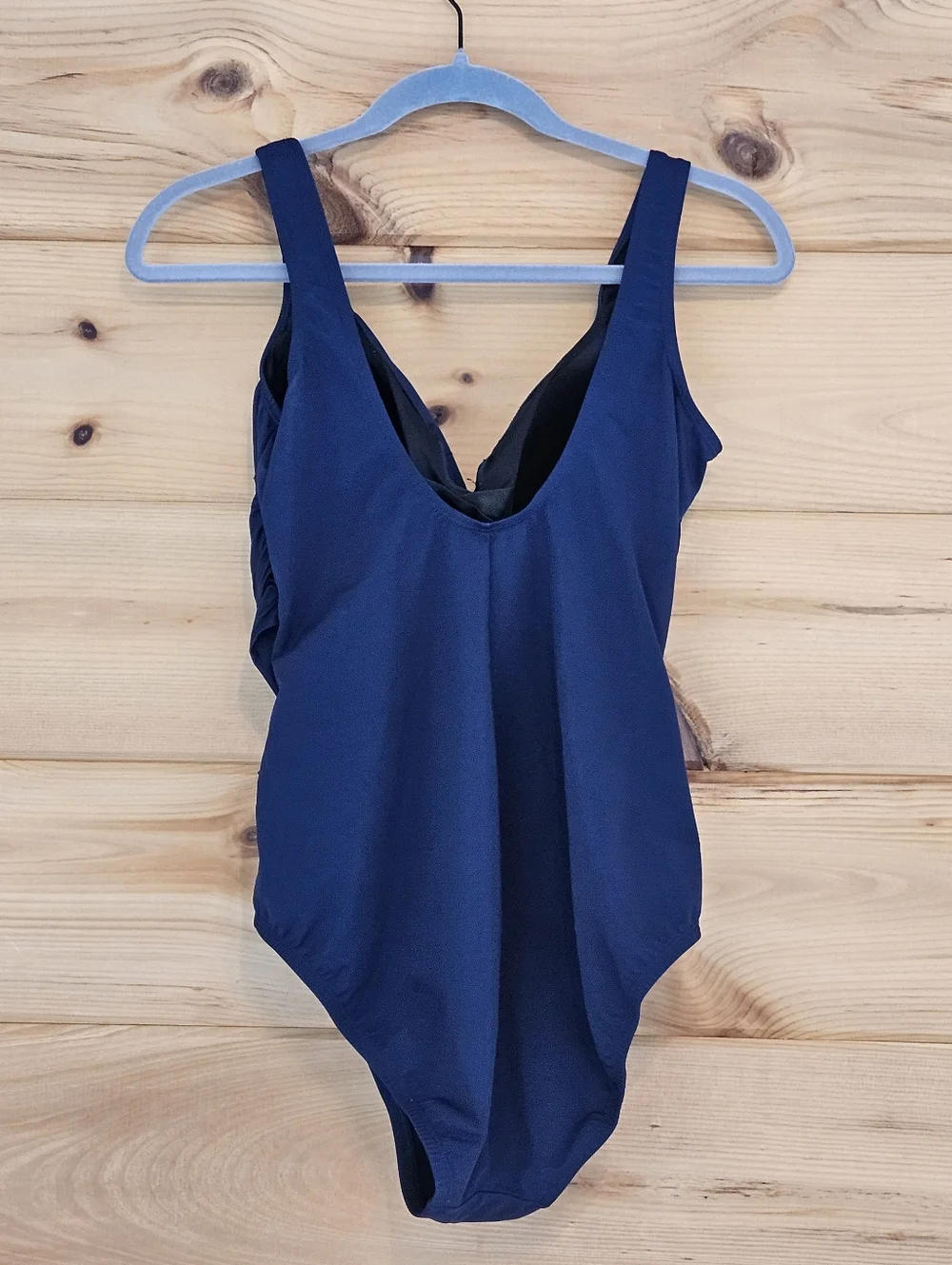 Lands’ End Slender Suit One Piece Swimsuit Womens 12 Blue Ruched Tummy Control